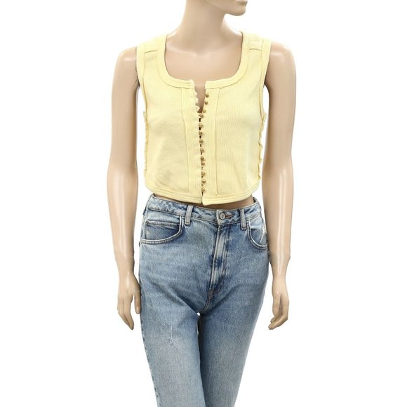Free People Mabel Tank Buttondown Cropped Blouse Top Ribbed Solid Beach L - Picture 2 of 5